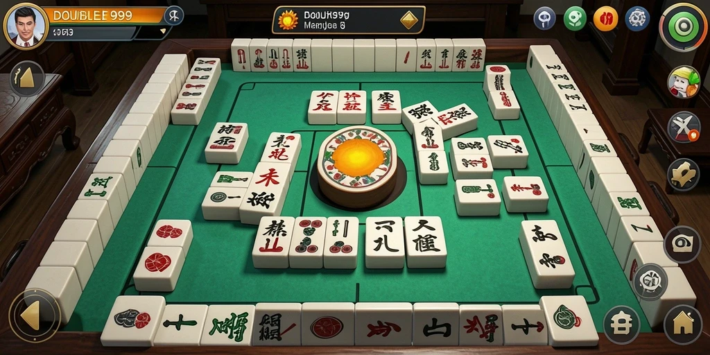 Screenshot utama gameplay DOUBLE999 menampilkan keseruan permainan Mahjong.