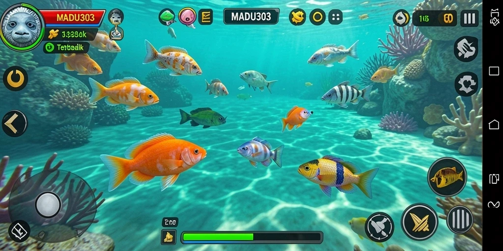 Tampilan gameplay seru dari MADU303 saat menembak ikan.