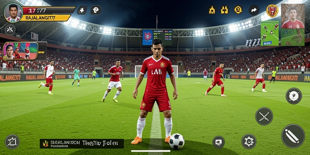 Tampilan gameplay seru RAJALANGIT77 saat pertandingan sepak bola.