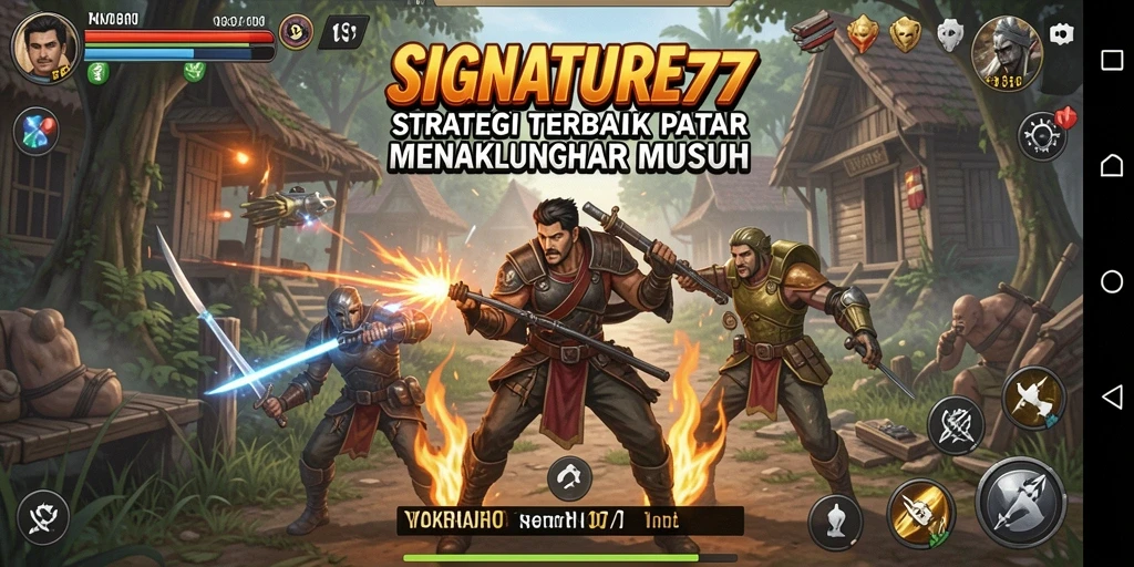 Screenshot utama SIGNATURE77 menampilkan pertempuran epik dengan strategi mendalam.